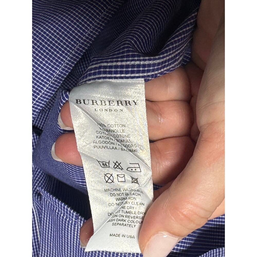 Burberry London Button-Up Dress Shirt Men's 15 Blue White Micro-Check Curved Hem - Picture 12 of 14